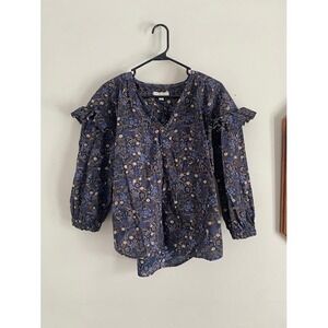 Free Assembly Womens Floral Ruffle Shoulder V-Neck Blouse Navy Blue Large